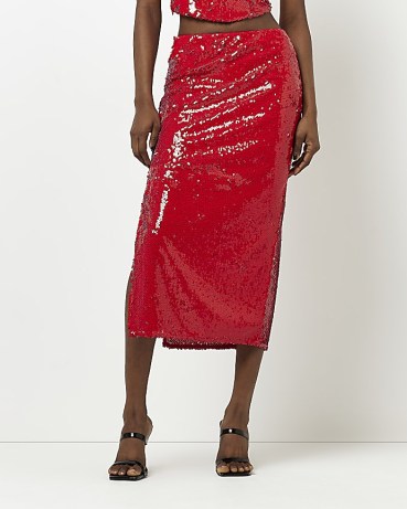 RIVER ISLAND RED SEQUIN PENCIL MIDI SKIRT / women’s sequinned party fashion / shimmering side slit evening skirts - flipped