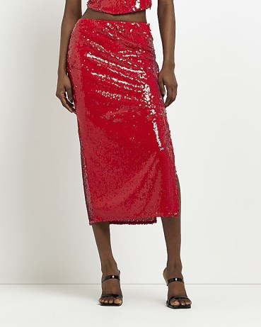 RIVER ISLAND RED SEQUIN PENCIL MIDI SKIRT / women’s sequinned party fashion / shimmering side slit evening skirts