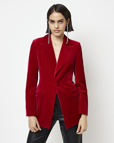 RIVER ISLAND RED VELVET STRUCTURED BLAZER ~ women’s plush evening blazers ~ luxe style single breasted jackets - flipped