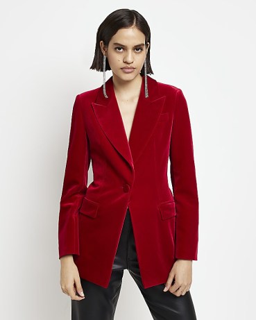 RIVER ISLAND RED VELVET STRUCTURED BLAZER ~ women’s plush evening blazers ~ luxe style single breasted jackets