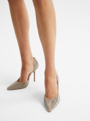 REISS BAINES CRYSTAL POINTED COURT HEELS BISCUIT ~ luxe embellished occasion court shoes ~ glamorous point toe party pumps - flipped