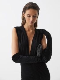 REISS CARLA LONGLINE SATIN EVENING GLOVES BLACK ~ women’s glamorous cocktail & party accessories