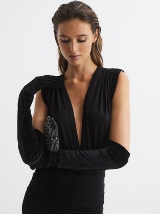 REISS CARLA LONGLINE SATIN EVENING GLOVES BLACK ~ women’s glamorous cocktail & party accessories - flipped