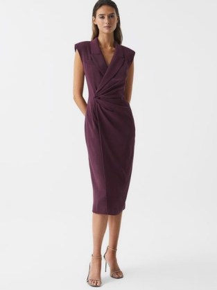REISS CECILE TUX BODYCON MIDI DRESS BURGUNDY ~ chic sleeveless wrap over pencil dresses - flipped