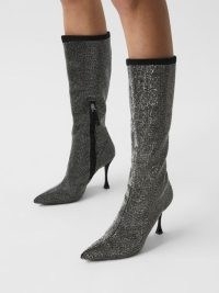 REISS CLEMENT CRYSTAL POINT KNEE HIGH BOOTS BLACK ~ glamorous footwear covered in crystals