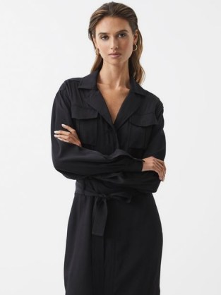 REISS GAIL SAFARI MIDI DRESS BLACK / chic tie waist utility inspired dresses - flipped