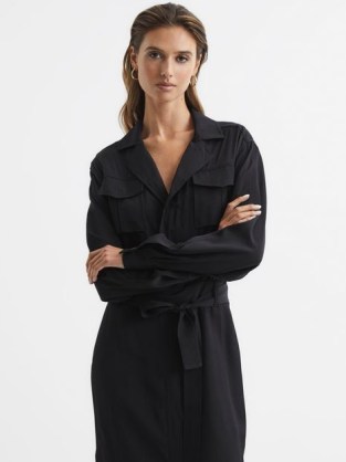 REISS GAIL SAFARI MIDI DRESS BLACK / chic tie waist utility inspired dresses