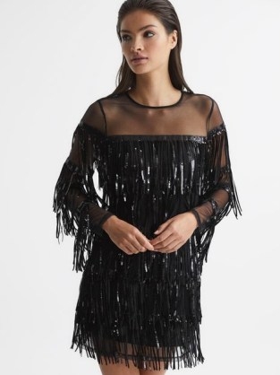 REISS JOSEPHINE FRINGE SEQUIN SHEER MINI DRESS BLACK – luxe boho style evening dresses – bohemian inspired party fashion – fringed occasion clothes - flipped