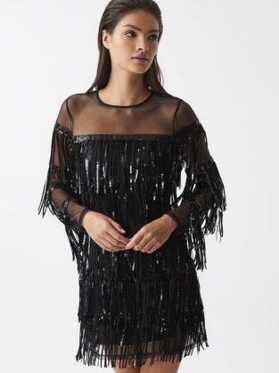 REISS JOSEPHINE FRINGE SEQUIN SHEER MINI DRESS BLACK – luxe boho style evening dresses – bohemian inspired party fashion – fringed occasion clothes
