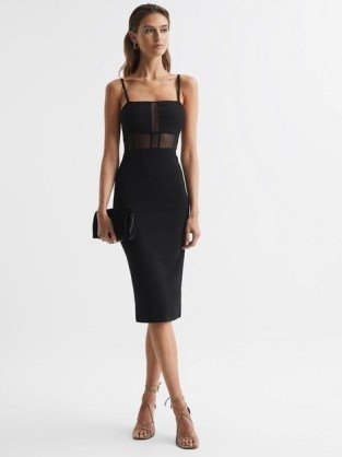 REISS LUISA KNITTED BODYCON DRESS BLACK ~ sheer panel LBD ~ sleeveless slender shoulder stap evening dresses ~ women’s chic fitted party clothes ~ sophisticated cocktail fashion - flipped