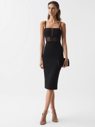 REISS LUISA KNITTED BODYCON DRESS BLACK ~ sheer panel LBD ~ sleeveless slender shoulder stap evening dresses ~ women’s chic fitted party clothes ~ sophisticated cocktail fashion