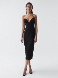 REISS ROCHELLE STRAPPY BODYCON DRESS BLACK | spaghetti strap plunge front evening occasion dresses | glamorous fitted party fashion | plunging neckline | LBD