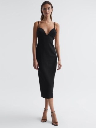 REISS ROCHELLE STRAPPY BODYCON DRESS BLACK | spaghetti strap plunge front evening occasion dresses | glamorous fitted party fashion | plunging neckline | LBD - flipped