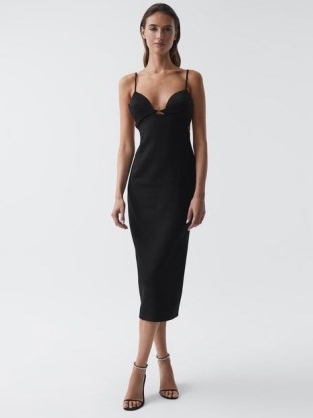 REISS ROCHELLE STRAPPY BODYCON DRESS BLACK | spaghetti strap plunge front evening occasion dresses | glamorous fitted party fashion | plunging neckline | LBD