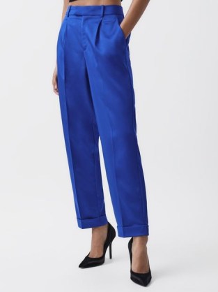 REISS CICI SATIN TAPER TROUSERS BLUE ~ women’s chic occasion clothes ~ smart evening fashion - flipped