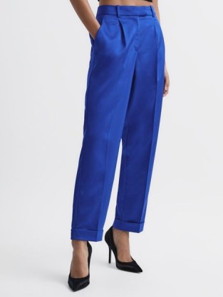 REISS CICI SATIN TAPER TROUSERS BLUE ~ women’s chic occasion clothes ~ smart evening fashion
