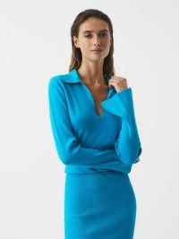REISS ELAINA RIB-KNITTED MIDI DRESS BLUE / chic knitwear clothes / long sleeved fitted dresses / open collar / split cuff detail
