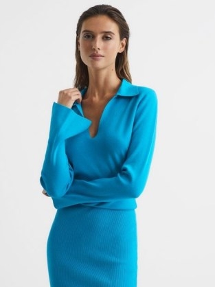 REISS ELAINA RIB-KNITTED MIDI DRESS BLUE / chic knitwear clothes / long sleeved fitted dresses / open collar / split cuff detail - flipped