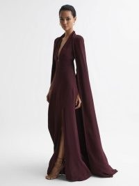 REISS GRACE MAXI DRESS WITH CAPE BURFUNDY / sophisticated plunge front occasion clothes / long elegant evening event dresses with capes