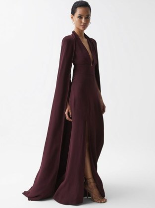 REISS GRACE MAXI DRESS WITH CAPE BURFUNDY ~ sophisticated plunge front occasion clothes ~ long elegant evening event dresses with capes - flipped