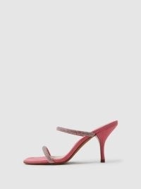 REISS CAI CRYSTAL MID HEEL SANDALS PALE PINK ~ luxe embellished double strap mule sandal ~ square toe evening occasion mules