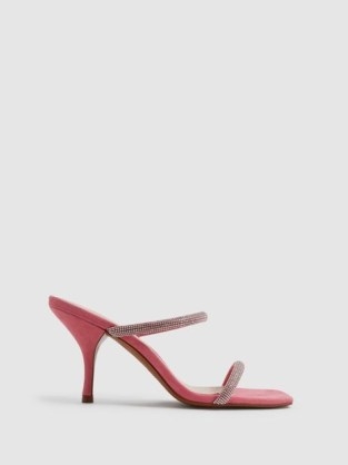 REISS CAI CRYSTAL MID HEEL SANDALS PALE PINK ~ luxe embellished double strap mule sandal ~ square toe evening occasion mules - flipped