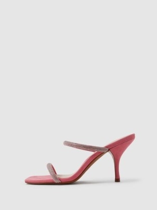 REISS CAI CRYSTAL MID HEEL SANDALS PALE PINK ~ luxe embellished double strap mule sandal ~ square toe evening occasion mules