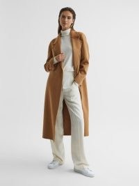 REISS HONOR 100% CASHMERE WOOL BLINDSEAM LONG COAT CAMEL ~ women’s brown tie waist longline coats ~ womens classic belted winter outerwear