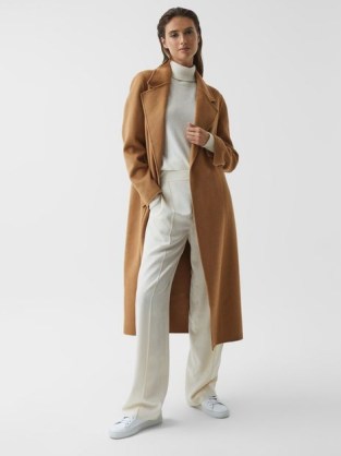 REISS HONOR 100% CASHMERE WOOL BLINDSEAM LONG COAT CAMEL ~ women’s brown tie waist longline coats ~ womens classic belted winter outerwear - flipped