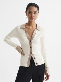 REISS ALICIA RIB-KNITTED CARDIGAN CAMEL/CREAM / chic fitted open collar cardigans / sophisticated knits / neutral knitwear