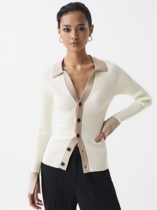 REISS ALICIA RIB-KNITTED CARDIGAN CAMEL/CREAM / chic fitted open collar cardigans / sophisticated knits / neutral knitwear - flipped