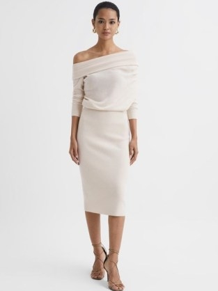 REISS SUTTON OFF SHOULDER KNITTED DRESS CREAM ~ wool and cashmere blend bardot dresses - flipped