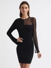 REISS KAT SHEER PANEL KNITTED BODYCON MINI DRESS BLACK ~ fitted LBD ~ chic party fashion