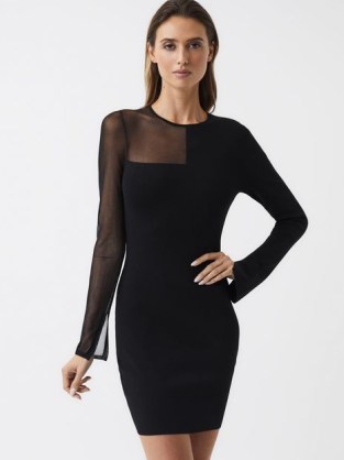 REISS KAT SHEER PANEL KNITTED BODYCON MINI DRESS BLACK ~ fitted LBD ~ chic party fashion - flipped