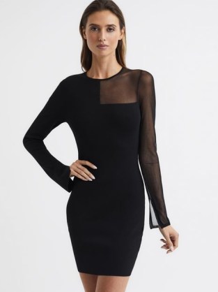 REISS KAT SHEER PANEL KNITTED BODYCON MINI DRESS BLACK ~ fitted LBD ~ chic party fashion