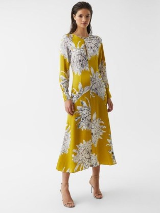 REISS MANI FLORAL PRINTED MIDI DRESS LIME ~ feminine occasionwear ~ printed fluid hem occasion dresses ~ front keyhole cut out ~ back cutout with tie detail ~ vibrant citrus colours - flipped