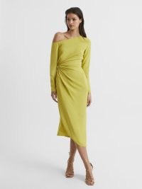 REISS NADIA OFF-SHOULDER DRAPE MIDI DRESS LIME ~ yellow-green occasion dresses ~ citrus coloured evening fashion ~ sophisticated one shoulder party clothes ~ gathered waist detail