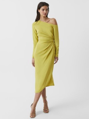 REISS NADIA OFF-SHOULDER DRAPE MIDI DRESS LIME ~ yellow-green occasion dresses ~ citrus coloured evening fashion ~ sophisticated one shoulder party clothes ~ gathered waist detail - flipped