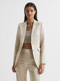 REISS MAE SATIN SINGLE BREASTED BLAZER CHAMPAGNE ~ women’s luxe look blazers ~ womens chic evening jackets