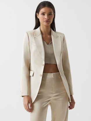REISS MAE SATIN SINGLE BREASTED BLAZER CHAMPAGNE ~ women’s luxe look blazers ~ womens chic evening jackets - flipped