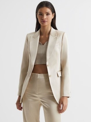 REISS MAE SATIN SINGLE BREASTED BLAZER CHAMPAGNE ~ women’s luxe look blazers ~ womens chic evening jackets