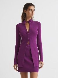 REISS BLAKELY RIBBED BUTTON UP CO ORD CARDIGAN MAGENTA ~ purple ribbed slim fit cardigans ~ chic knitwear