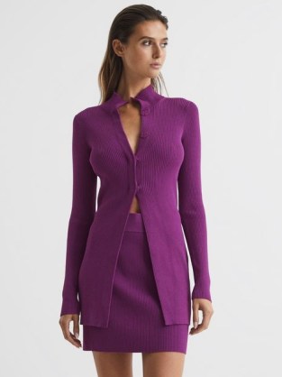 REISS BLAKELY RIBBED BUTTON UP CO ORD CARDIGAN MAGENTA ~ purple ribbed slim fit cardigans ~ chic knitwear