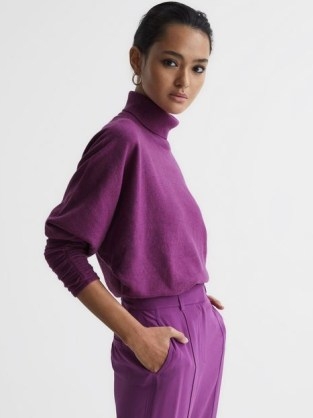 REISS FRANKIE RUCHED SLEEVE WOOL-CASHMERE ROLL NECK JUMPER PURPLE / women’s luxe high neck gathered sleeved jumpers - flipped