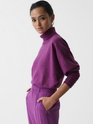 REISS FRANKIE RUCHED SLEEVE WOOL-CASHMERE ROLL NECK JUMPER PURPLE / women’s luxe high neck gathered sleeved jumpers
