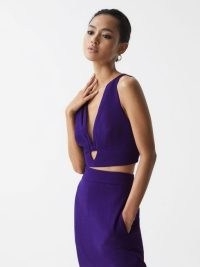 REISS MAISIE DEEP V-NECK CROP TOP PURPLE ~ sleeveless plunging cut out evening tops ~ cropped occasion clothes