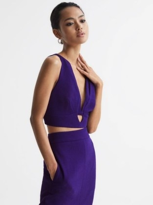 REISS MAISIE DEEP V-NECK CROP TOP PURPLE ~ sleeveless plunging cut out evening tops ~ cropped occasion clothes - flipped