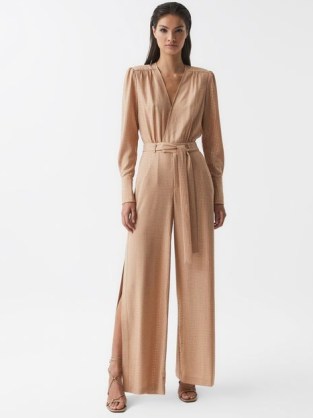 REISS LUKA JUMPSUIT NATURAL – wide slit leg stud embellished jumpsuits – tie waist – luxe evening occasion all-in-one - flipped
