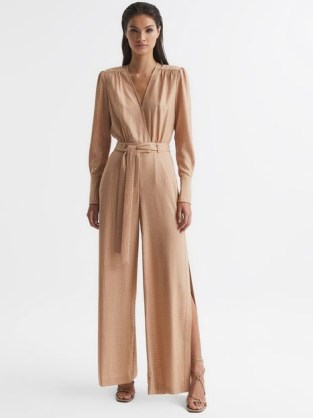 REISS LUKA JUMPSUIT NATURAL – wide slit leg stud embellished jumpsuits – tie waist – luxe evening occasion all-in-one