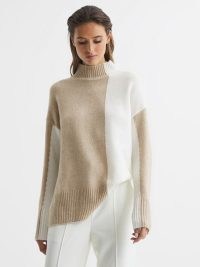 GAIA COLOURBLOCK HIGH NECK JUMPER OATMEAL/CREAM / luxe turtleneck sweaters / women’s mock neck jumpers / dropped shoulders / chic colour block knitwear